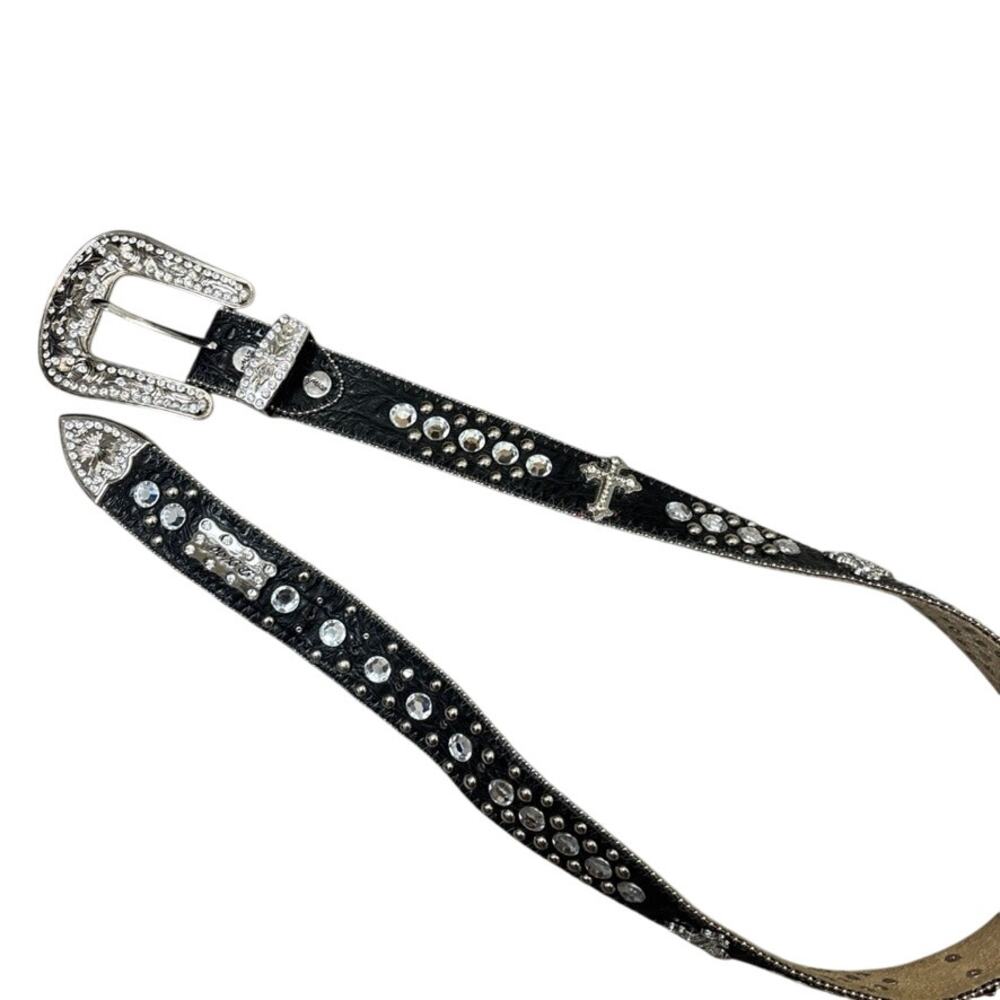 BHW Y2K Studded Cross Belt Black Leather Silver Ed Hardy Statement‎ M